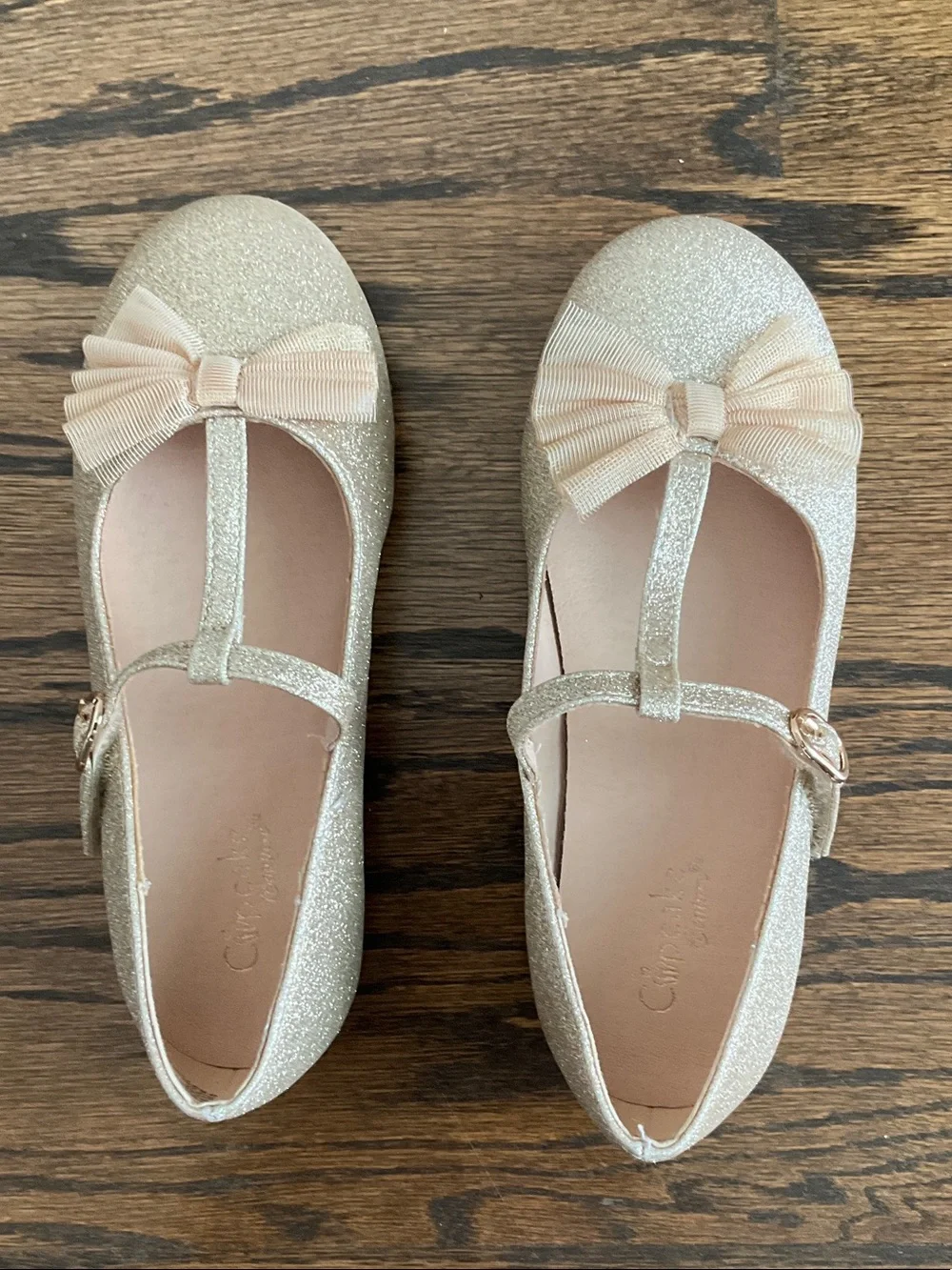 Girls Glitter Gold T-Strap Dress Shoes with Bow